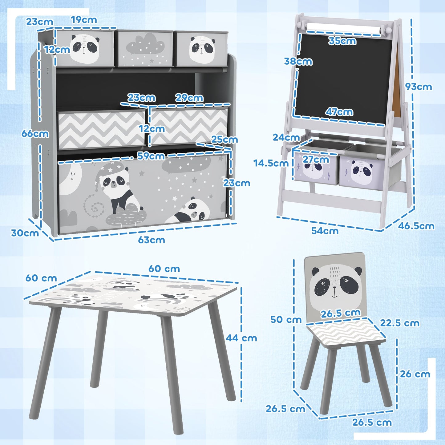 ZONEKIZ Kids Table and Chairs, Kids Storage Unit and Kids Easel Set, Cute Animal Design Kids Activity Furniture Set for Ages 3-8 Years, Grey