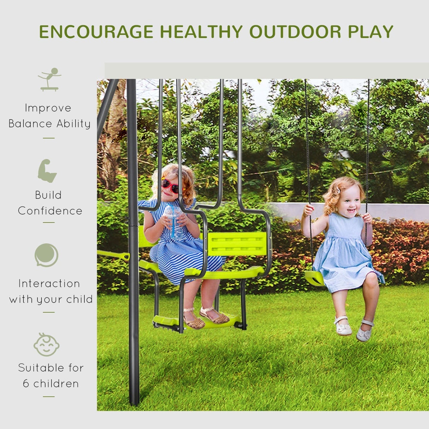 Outsunny Metal Garden Swing Set with Double Swings Glider Swing Seats Green