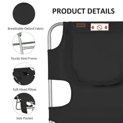 Outsunny Foldable Sun Lounger, Beach Chaise Lounge with Reading Hole, Arm Slots, 5-Position Adjustable Backrest, Side Pocket, Pillow for Garden, Beach, Pool, Black