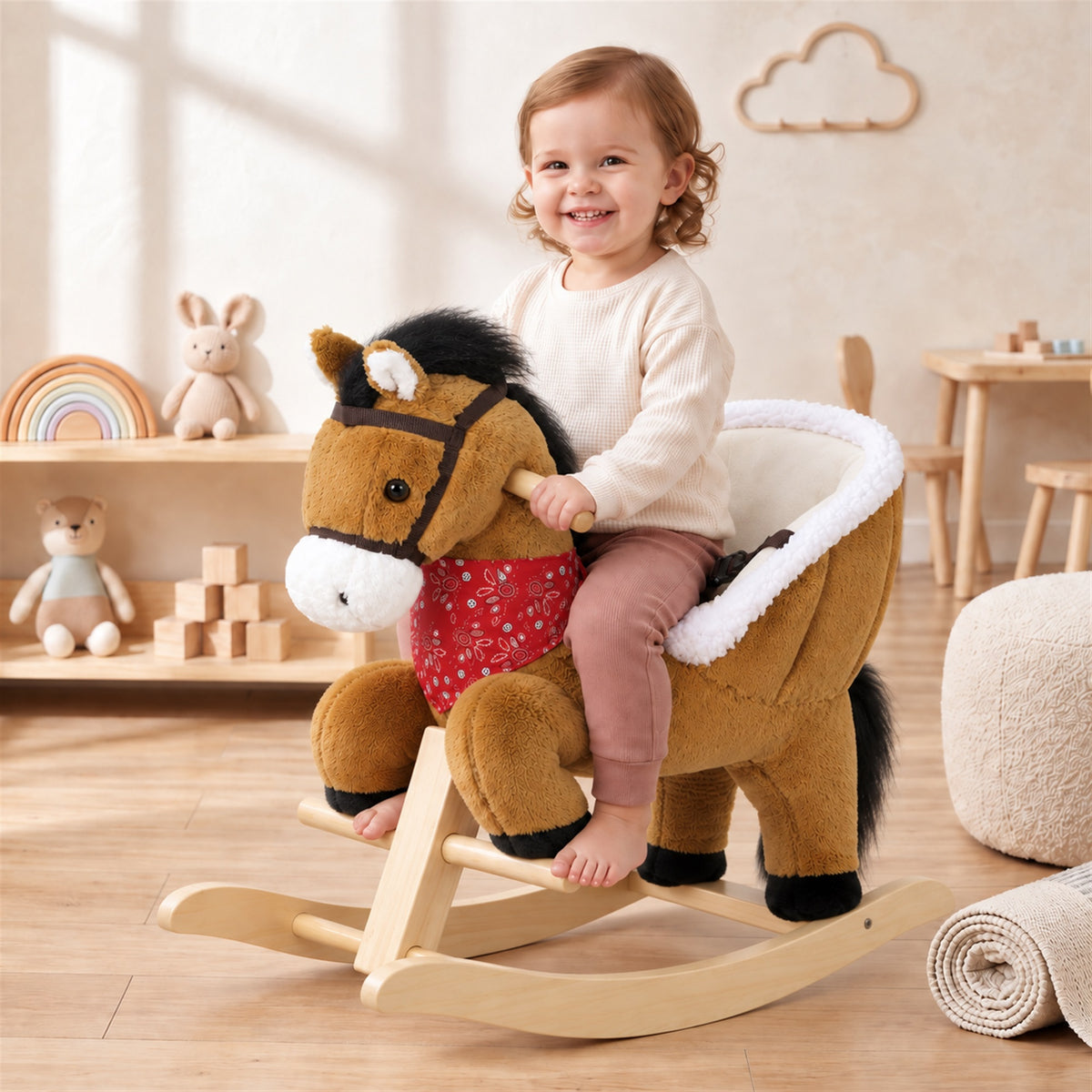 AIYAPLAY Rocking Horse Toy for Toddlers, Plush Ride on Horse with Seat Belt, Lifelike Neigh, Pretend Play Toy for 18-36 M, Brown
