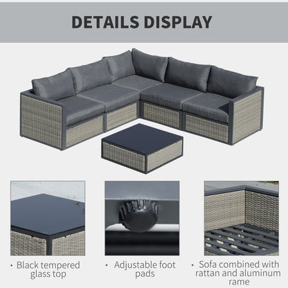 Outsunny 5-Seater Garden PE Rattan Sofa Sofa Set w/ Coffee Table and Padded Cushion, Grey