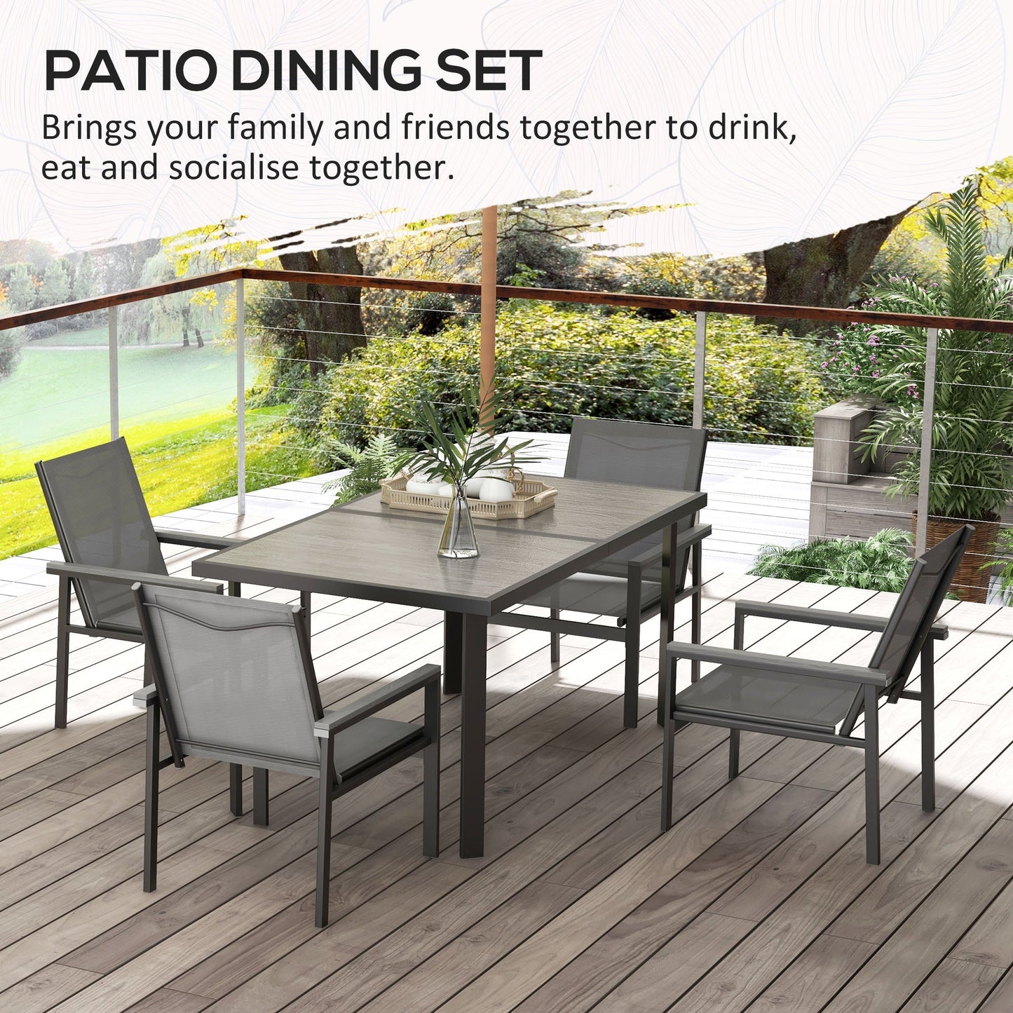 7 Piece Garden Dining Set With Glass Top Table For Outdoor, 6 Breathable Armchairs Mesh Fabric Seats Wood-plastic Composite Armrests Top, Grey