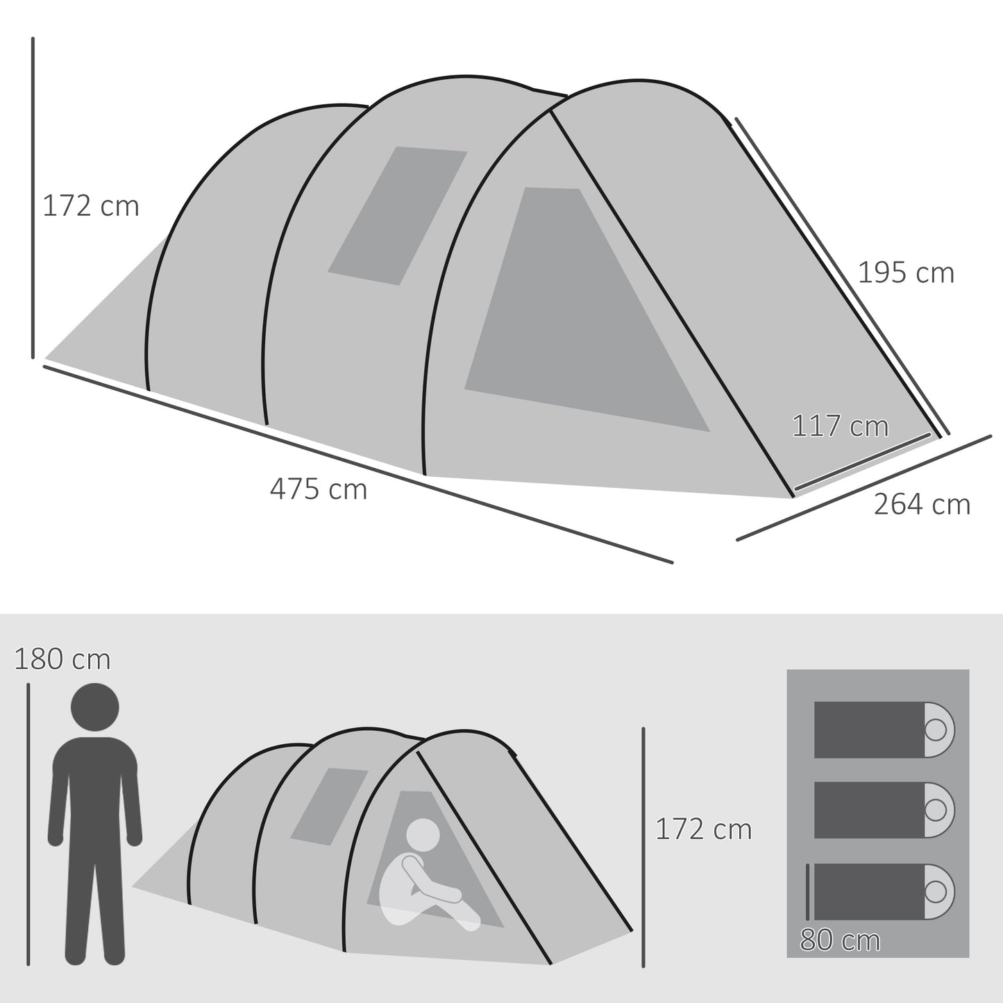 Outsunny Two Room Tunnel Tent Camping Tent for 3-4 Man with Windows, Covers, Carry Bag, for Fishing, Hiking, Sports, Green