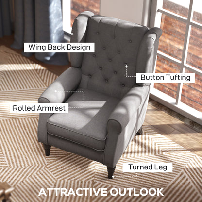 HOMCOM Retro Accent Chair, Linen Wingback Armchair with Wood Frame Button Tufted Design for Living Room Bedroom, Dark Grey