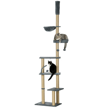 PawHut Floor to Ceiling Cat Tree, 6-Tier Play Tower Climbing Activity Center w/ Scratching Post, Hammock, Adjustable Height 230-250cm, Grey