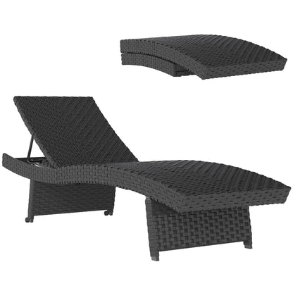 Outsunny Outdoor PE Rattan Leżak, składany wiklinowy leżak ogrodowy z oparciem regulowanym na 4 poziomach, rolowany leżak z kółkami, antypoślizgowe nogi na balkon, plaża, czarny