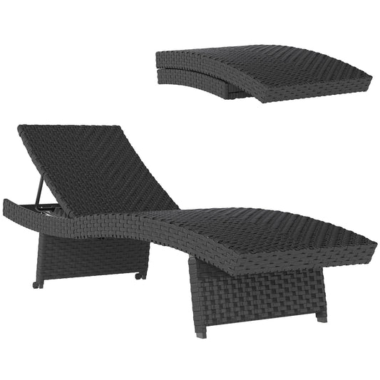 Outsunny Outdoor PE Rattan Leżak, składany wiklinowy leżak ogrodowy z oparciem regulowanym na 4 poziomach, rolowany leżak z kółkami, antypoślizgowe nogi na balkon, plaża, czarny