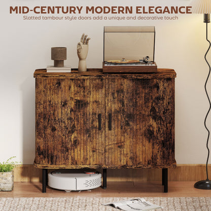 HOMCOM Mid-Century Modern Sideboard Storage Cabinet with Slatted Tambour Sliding Doors, Kitchen Cabinet with Steel Legs, Rustic Brown