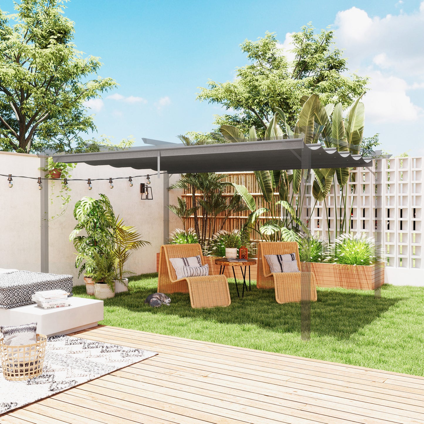 Osłona przeciwsłoneczna Outsunny Retractable Pergola Shade Cover, wymienna osłona do pergoli 4 x 3 (m), dach chowany, jasnoszary