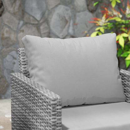 Zestaw Outsunny 3-częściowy z rattanu, 4 poduszki, zestaw mebli ogrodowych z wikliny, szklany stolik kawowy i krzesła na patio, balkon, taras i do ogrodu zimowego, kolor szary