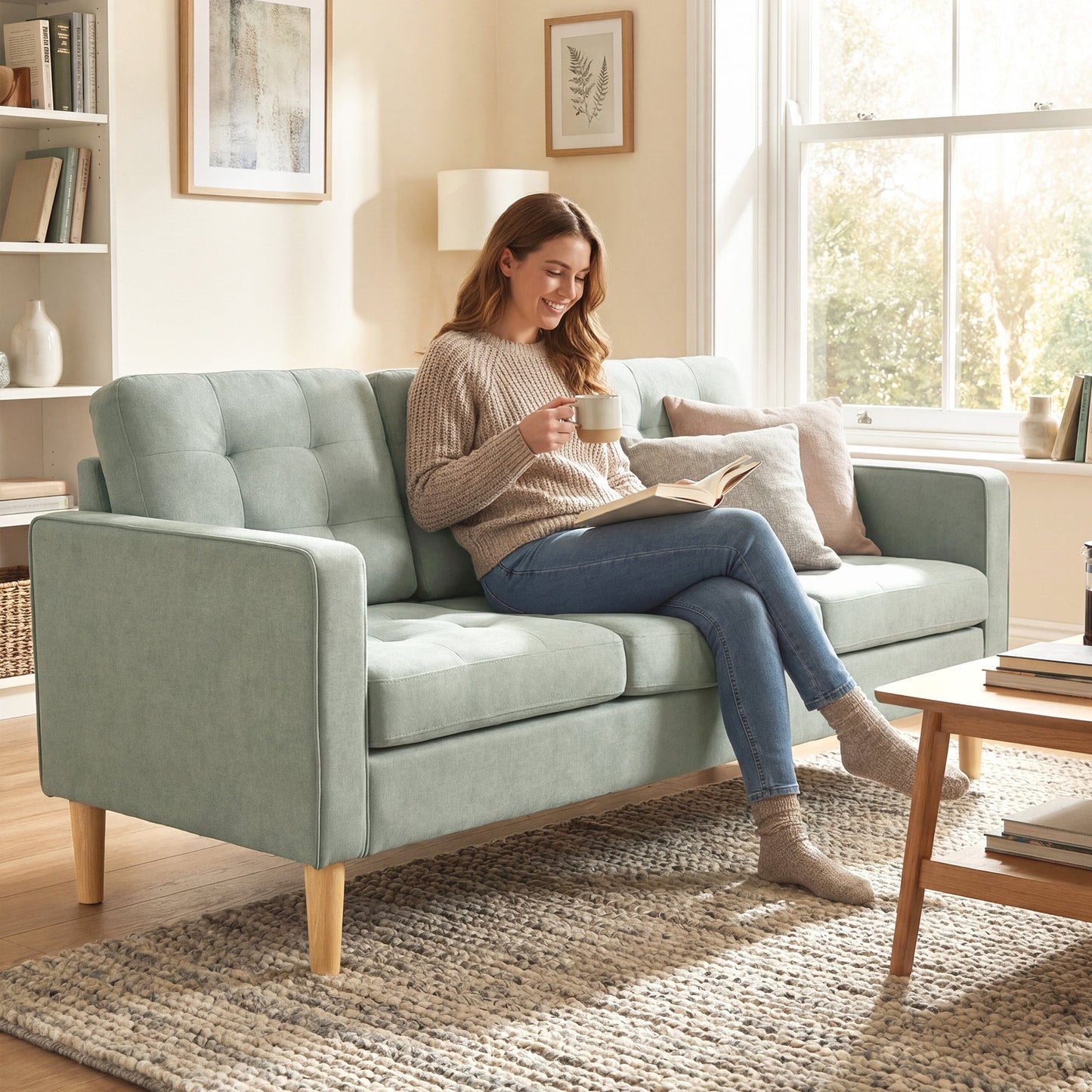 HOMCOM 3 Seater Sofa, 169cm Couch with Hidden Storage, Wood Legs, Light Grey