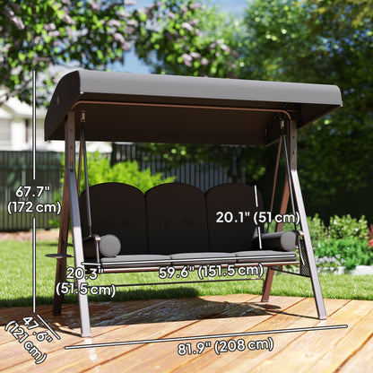 Outsunny 3 Seater Garden Swing Chair Outdoor Hammock Bench w/ Adjustable Canopy, Cushions and Cup Trays, Brown Steel Frame, Dark Grey Fabric