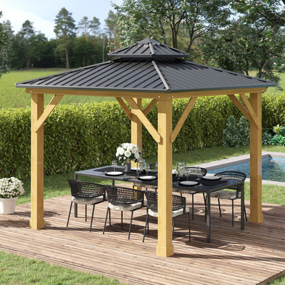 Outsunny 3x(3)M Outdoor Hardtop Gazebo Canopy with 2-Tier Roof and Solid Wood Frame Outdoor Patio Shelter for Patio, Garden, Grey