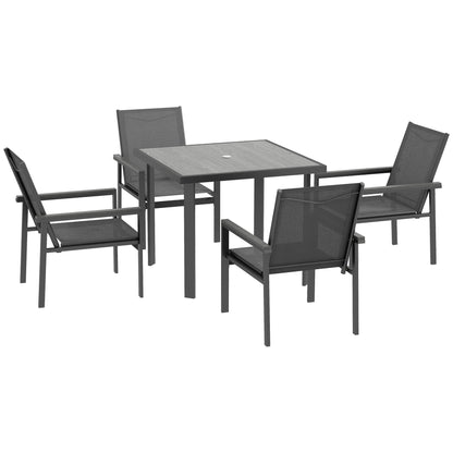 5 Piece Garden Set With Glass Top Dining Table, Outdoor Umbrella Hole And 4 Armchairs With Breathable Mesh Fabric Seats - Grey