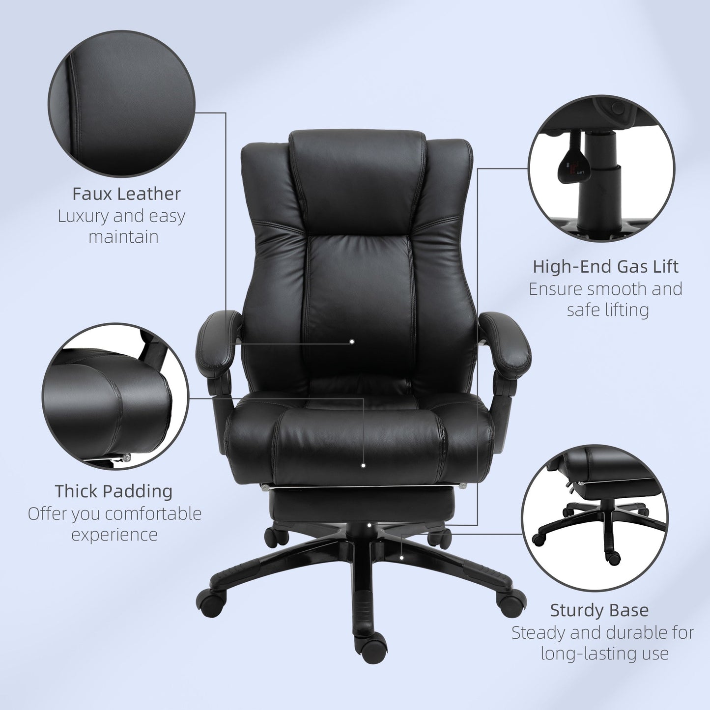 Vinsetto Executive Office Chair for Home, PU Leather Computer Chair, Swivel Desk Chair with Footrest, Wheels, Adjustable Height, Black