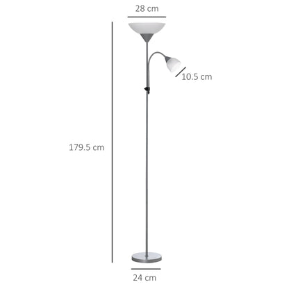 HOMCOM LED Floor Lamp for Living Room, 180cm Tall Standing Lamp, Mother and Child Uplighter with Adjustable Gooseneck, Silver Tone
