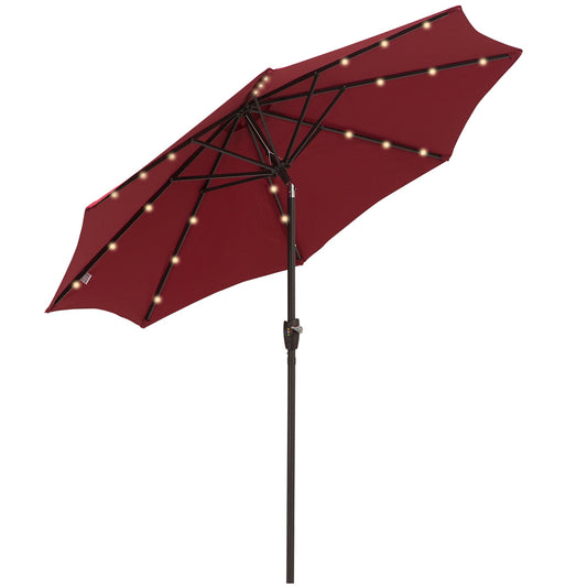 Outsunny a2.7m Garden 24 LED Light Parasol Solar Outdoor Tilt Sun Umbrella Patio Club Party Event Manual Sun Shade w/ Hand Crank and 8 Ribs, Red