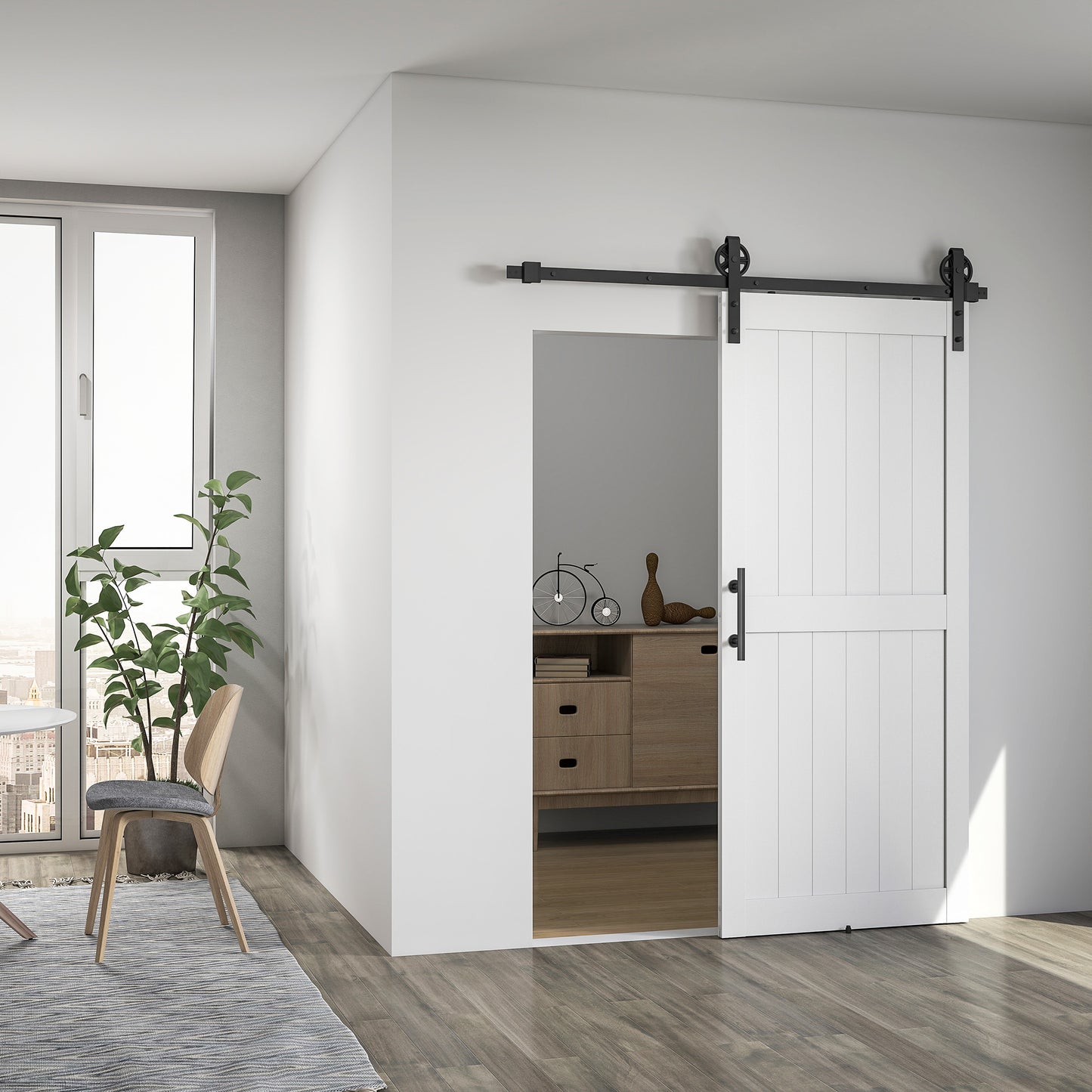 HOMCOM 183cm Sliding Barn Door Kit, Sliding Door with Track, Hardware, Upgraded Rollers and Floor Guide, Handle, White