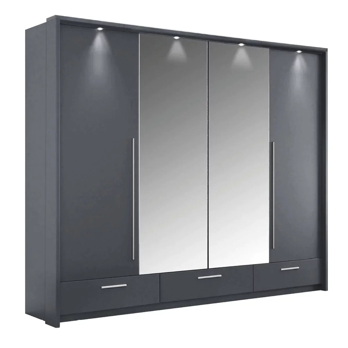 Lindsey 255cm Large Swing Door Wardrobe with Mirror and 3 Drawers - White and Graphite