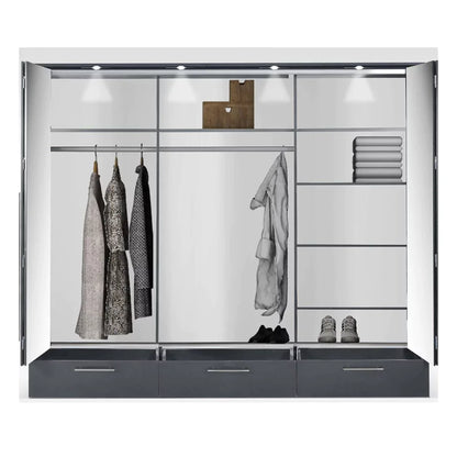 Lindsey 255cm Large Swing Door Wardrobe with Mirror and 3 Drawers - White and Graphite