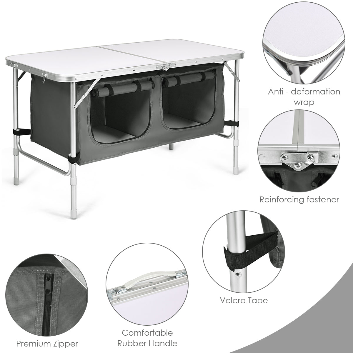Portable Outdoor Aluminum Picnic Table with Zippered Storage Organizer for BBQ/Party