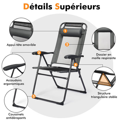 Patio Folding Chairs Set of 2 with Wide Armrests and 7-Level Backrest for Camping Backyard Garden-Grey