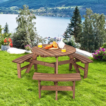 6-Person Outdoor Wooden Round Picnic Table with Built-in Benches