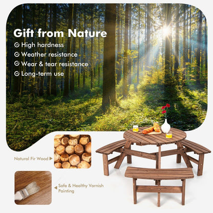 6-Person Outdoor Wooden Round Picnic Table with Built-in Benches