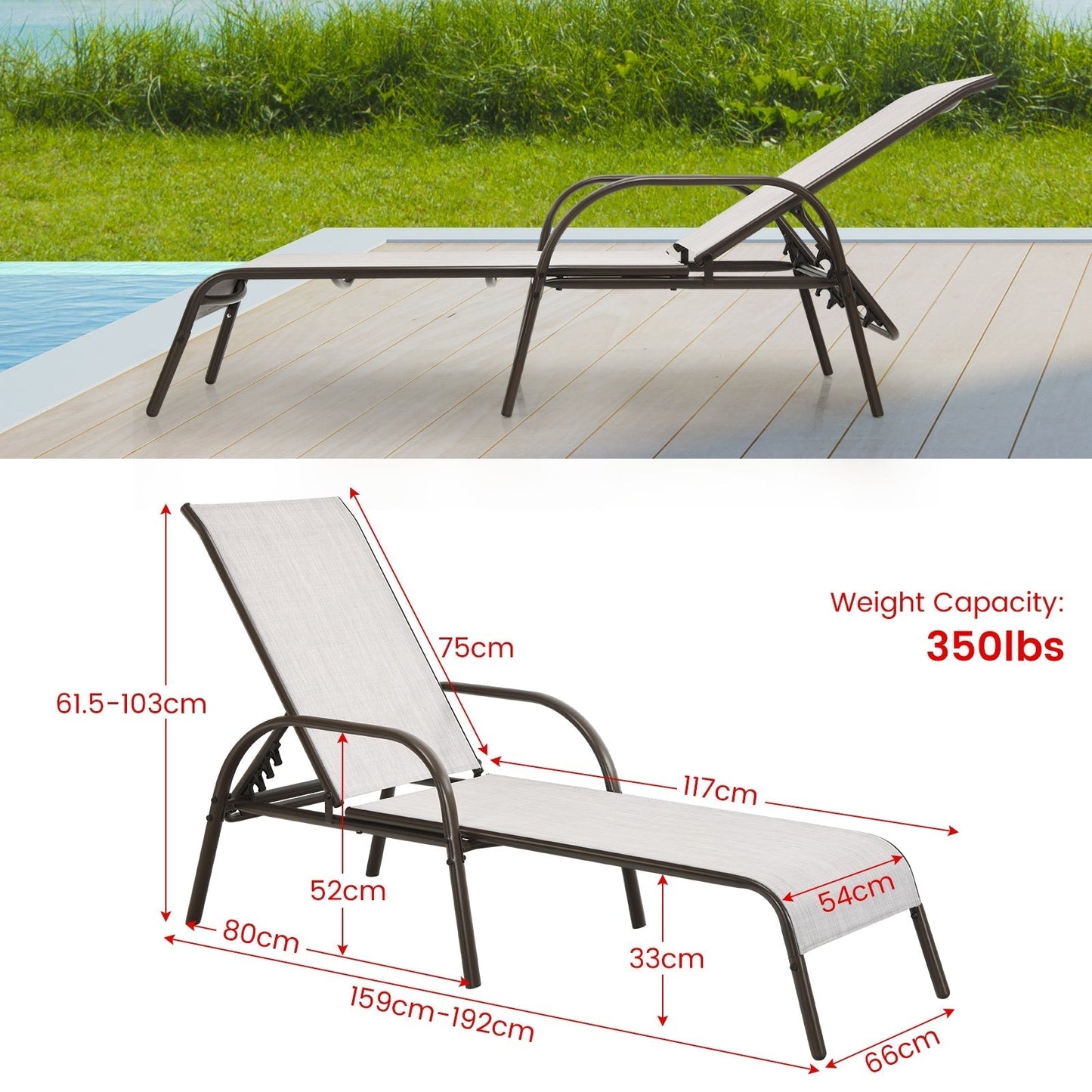 Adjustable Patio Chaise Outdoor Folding Lounge Chair with Adjustable Backrest-Gray
