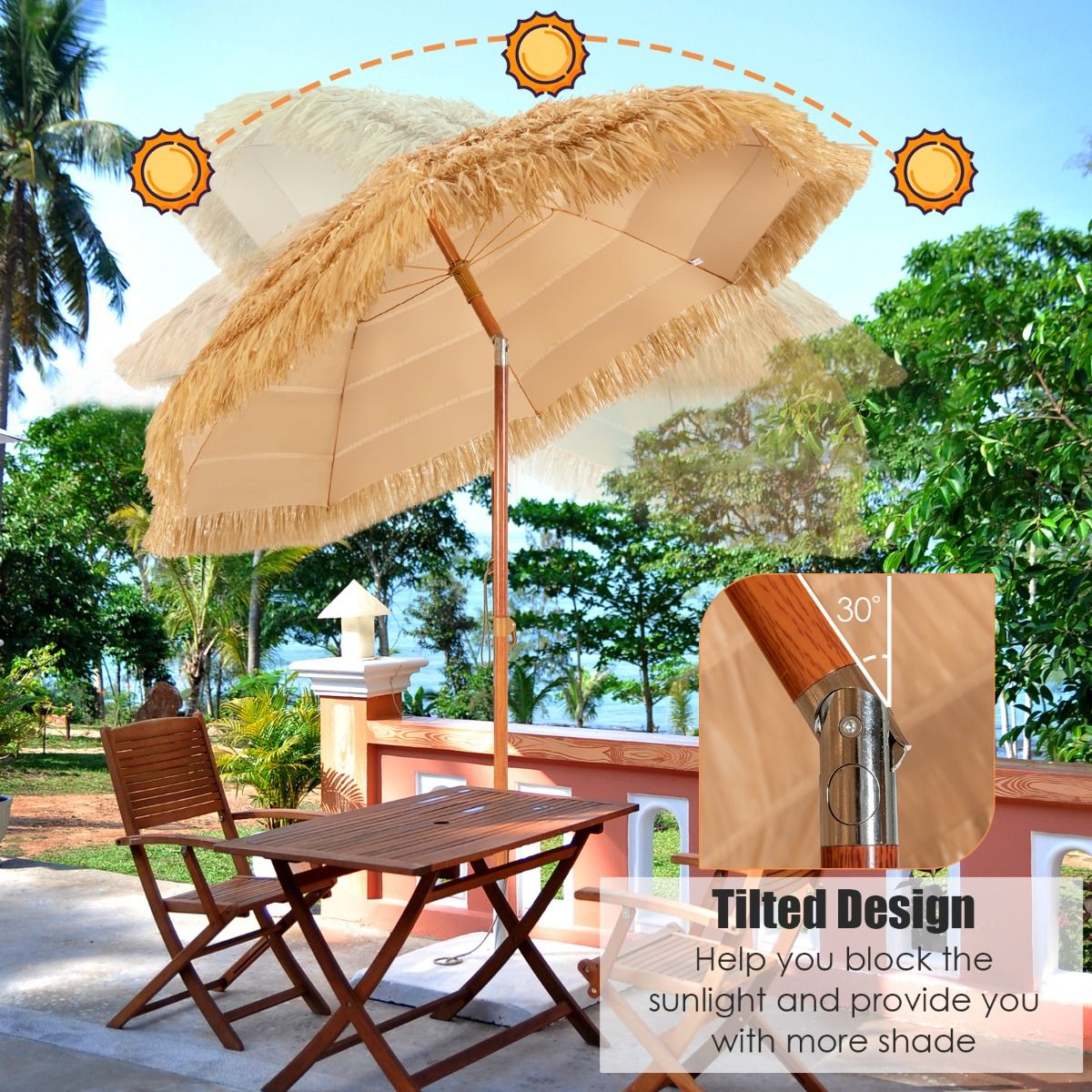 1.8m Portable Thatched Tiki Beach Umbrella with Adjustable Tilt