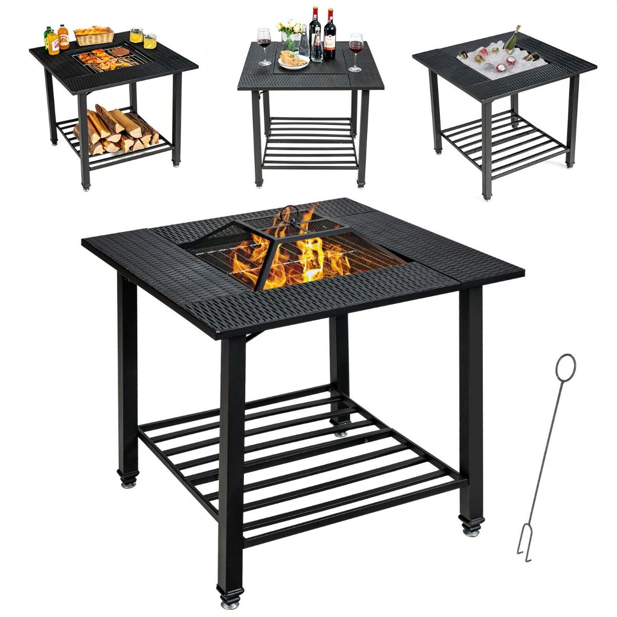 4 in 1 Outdoor Fire Pit with Mesh Cover and Removable Lid
