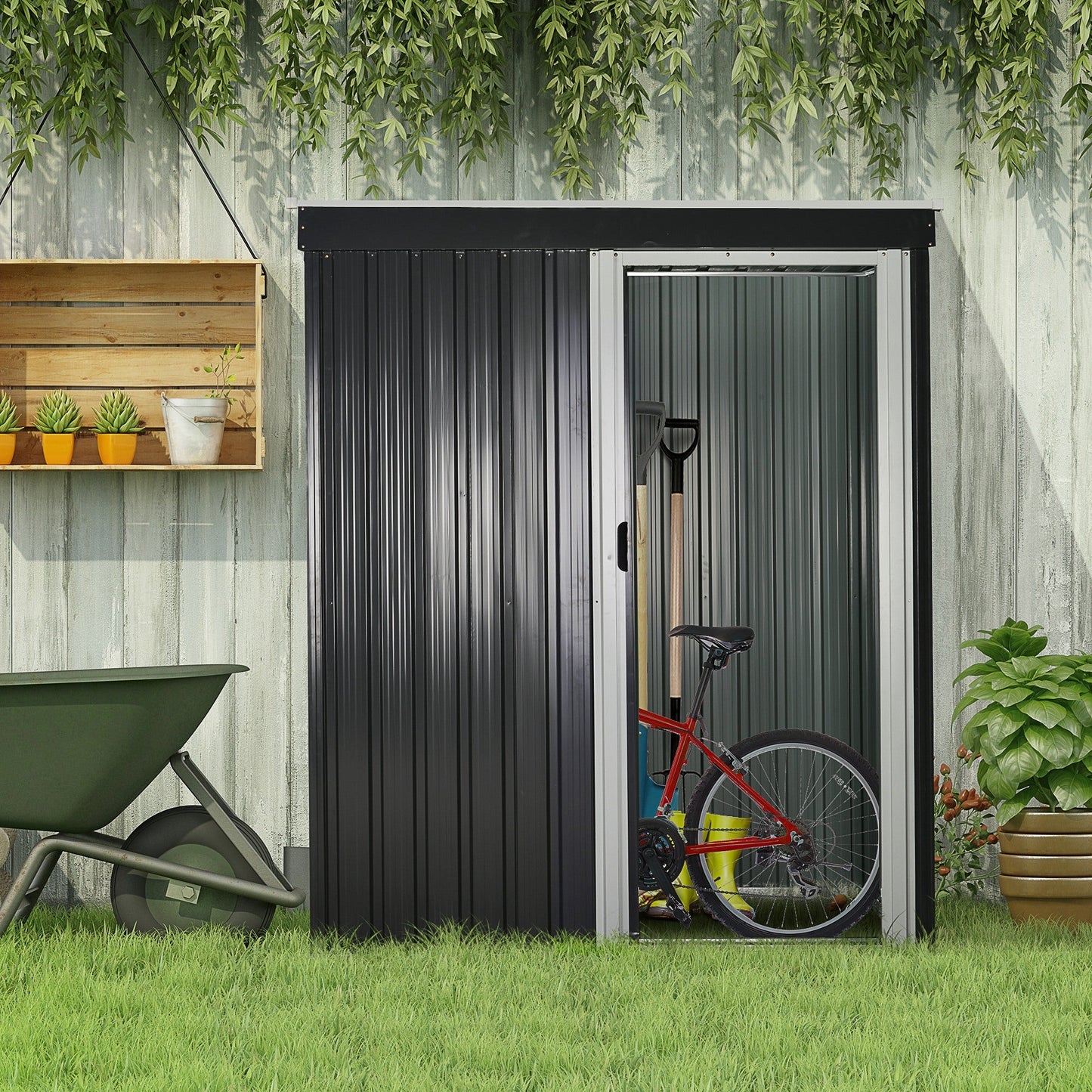 2 x 3ft Garden Storage Shed with Sliding Door and Sloped Roof Outdoor Equipment Tool Backyard, Black