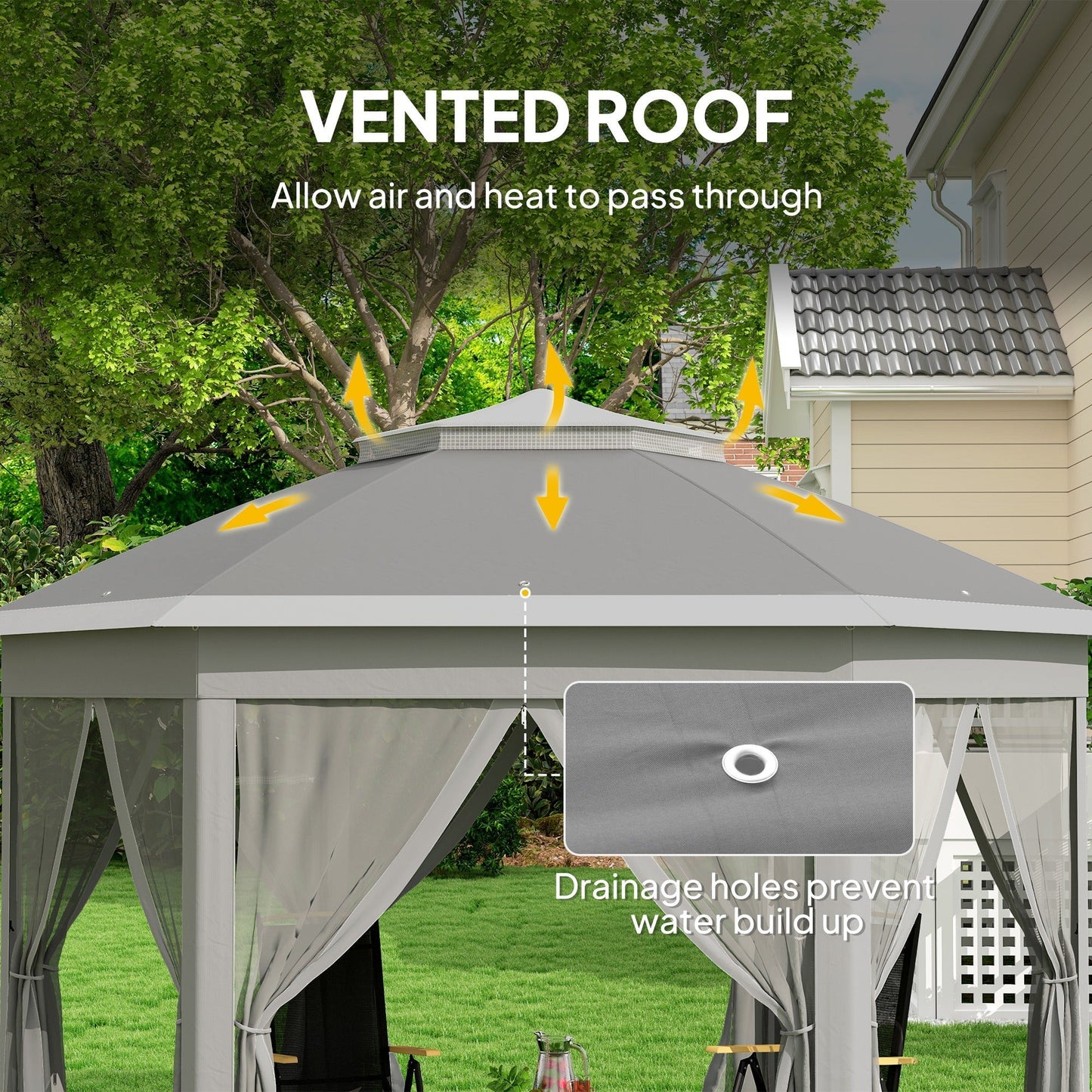 Outsunny 3 x 4m Garden Gazebo Hexagon Pop Up Gazebo Party Tent Canopy Double Roof Instant Shelter with Netting and Carry Bag for Outdoor Patio, Dark Grey