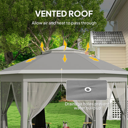 Outsunny 3 x 4m Garden Gazebo Hexagon Pop Up Gazebo Party Tent Canopy Double Roof Instant Shelter with Netting and Carry Bag for Outdoor Patio, Dark Grey