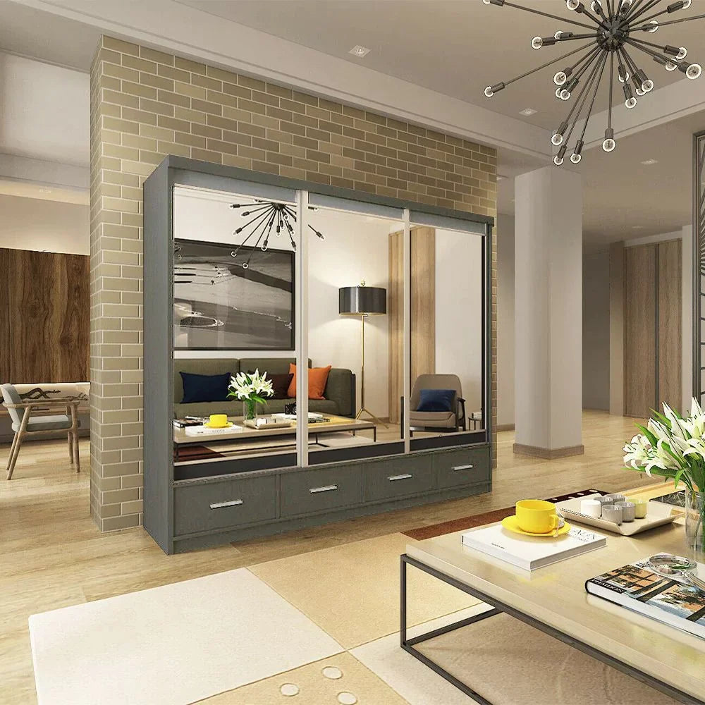 Newry Black Sliding Door Mirrored Large Wardrobe with Drawers - 250cm