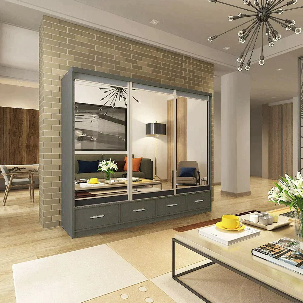 Newry Grey Sliding Door Mirrored Large Wardrobe with Drawers - 250cm