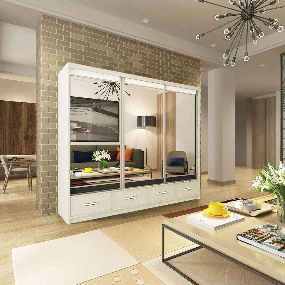 Newry Grey Sliding Door Mirrored Large Wardrobe with Drawers - 250cm