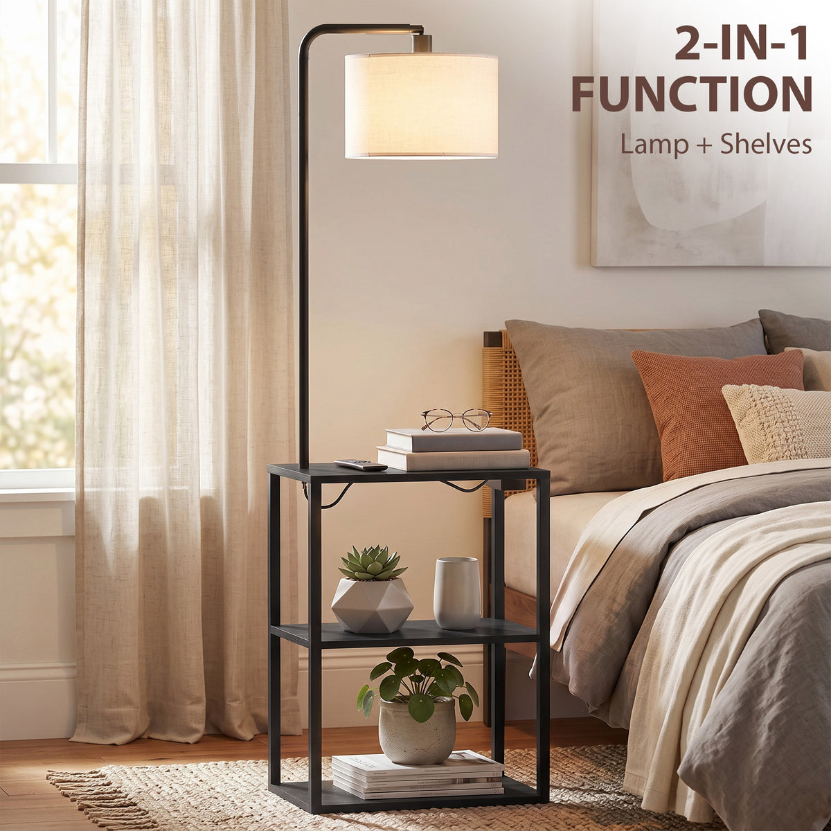 HOMCOM Dimmable Floor Lamp with Shelves, Charging Station, 3-Tier Storage Table, Adjustable Fabric Lampshade, Black
