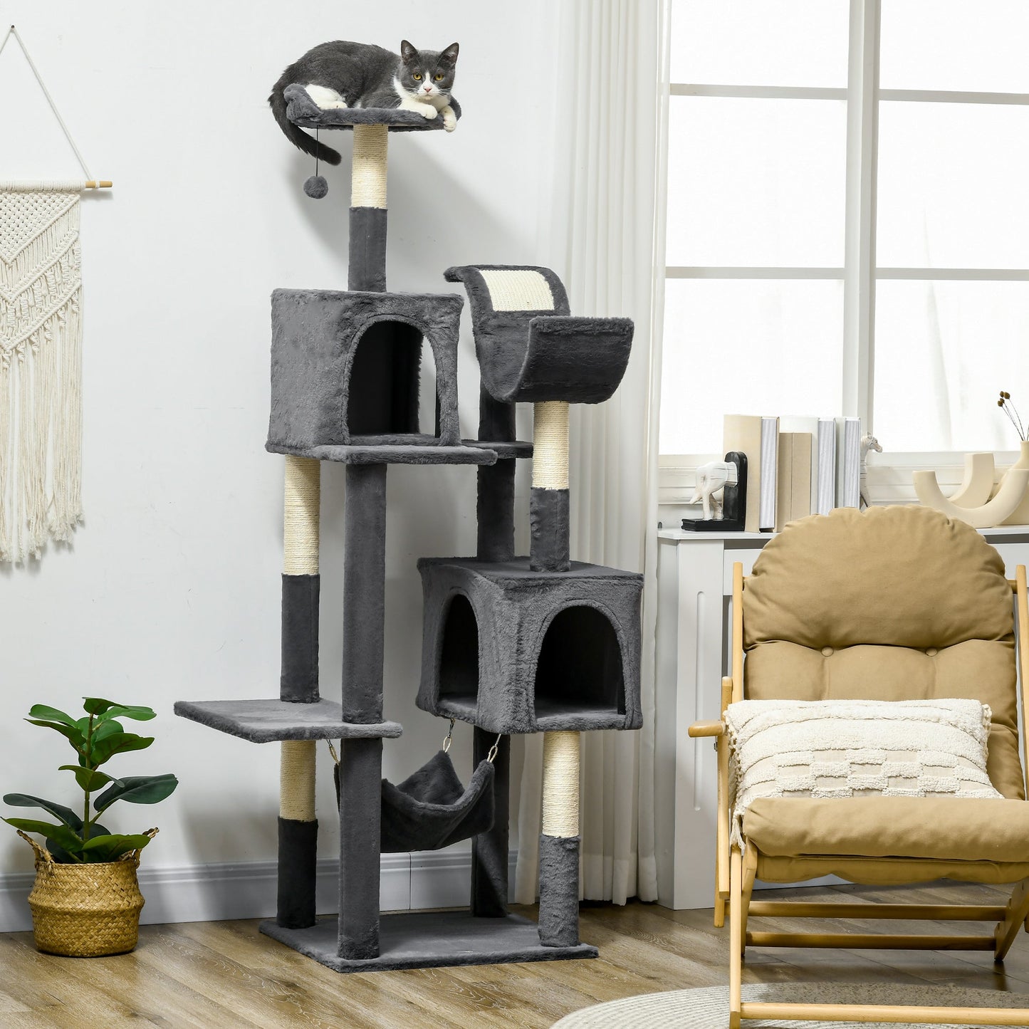 PawHut 177cm Cat Tree with Scratching Post, Hammock, Cat House - Dark Grey