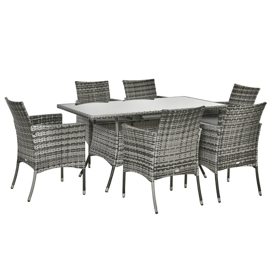 Outsunny 6-Seater Rattan Dining Set Garden Furniture Patio Rectangular Table Cube Chairs Outdoor Fire Retardant Sponge Grey