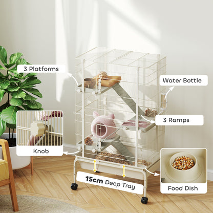 PawHut 4-Level Rolling Small Animal Cage, Rabbit Cage with 3 Ramps, Water Bottle, Food Dish, 15cm Deep Tray, Beige