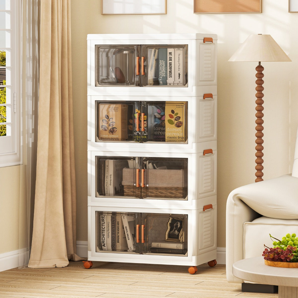 280L Foldable Storage Bins with Lids Set of 4 Stackable Plastic Storage Boxes with Wheels White Storage Containers