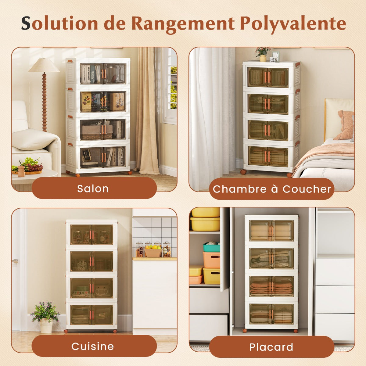 280L Foldable Storage Bins with Lids Set of 4 Stackable Plastic Storage Boxes with Wheels White Storage Containers