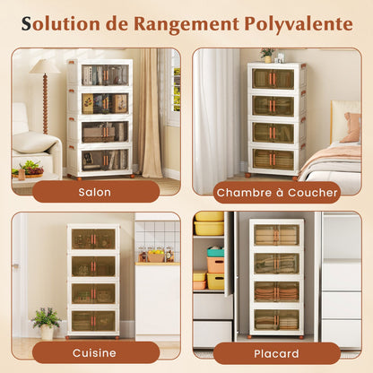 280L Foldable Storage Bins with Lids Set of 4 Stackable Plastic Storage Boxes with Wheels White Storage Containers