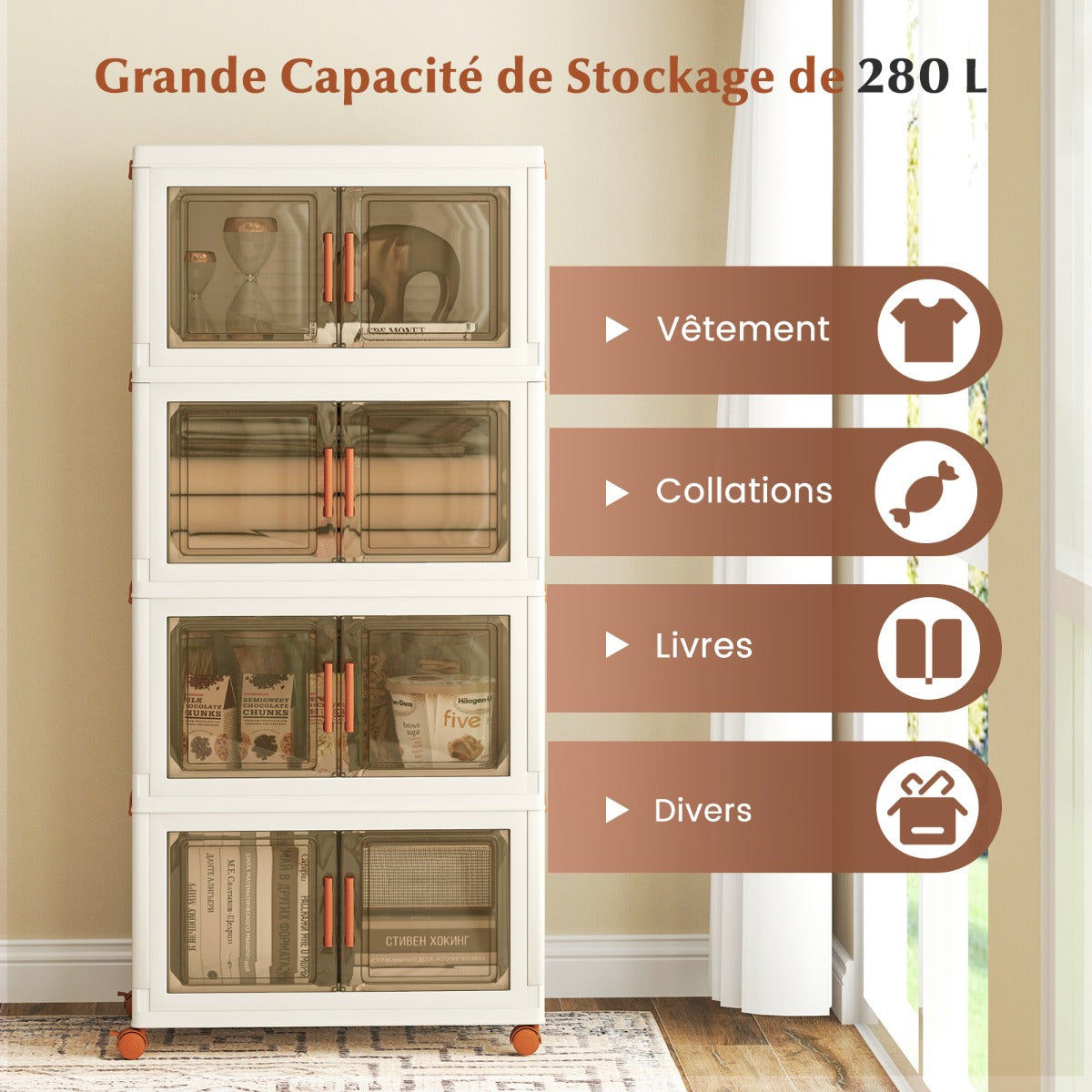 280L Foldable Storage Bins with Lids Set of 4 Stackable Plastic Storage Boxes with Wheels White Storage Containers