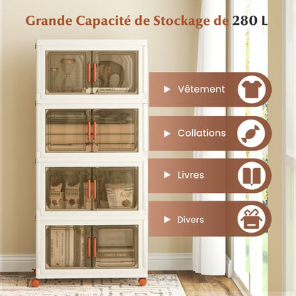 280L Foldable Storage Bins with Lids Set of 4 Stackable Plastic Storage Boxes with Wheels White Storage Containers