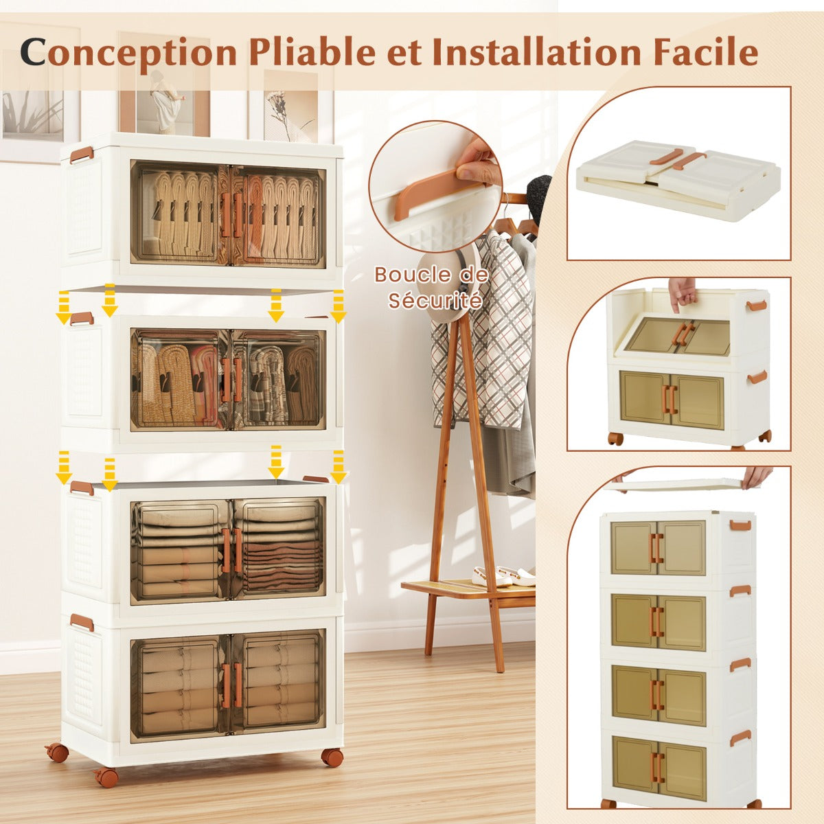 280L Foldable Storage Bins with Lids Set of 4 Stackable Plastic Storage Boxes with Wheels White Storage Containers