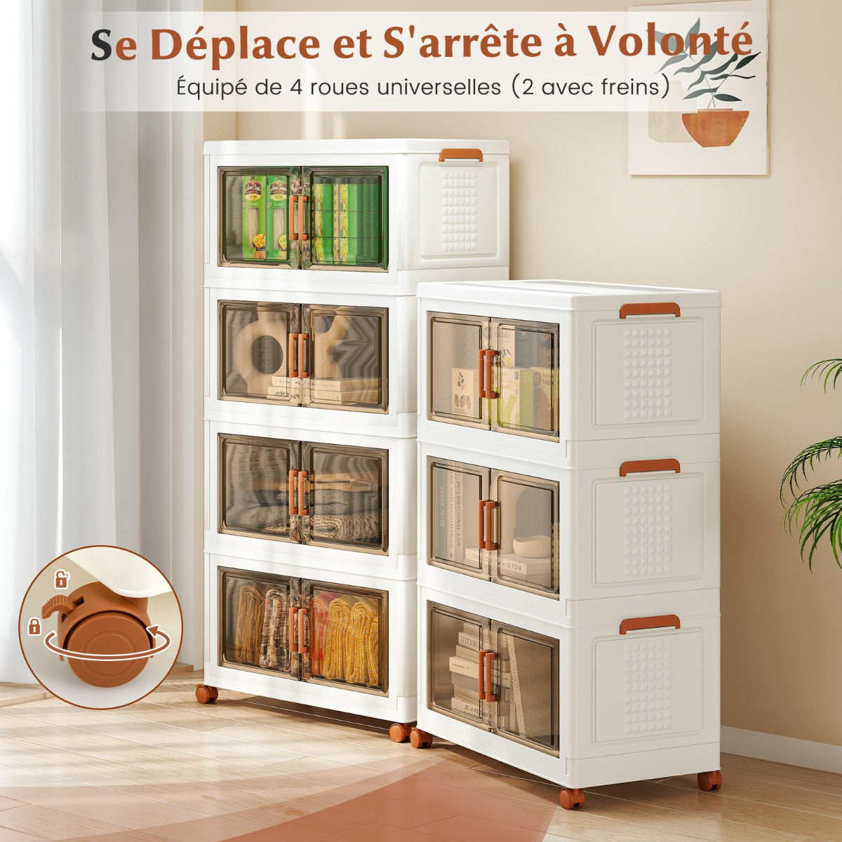 280L Foldable Storage Bins with Lids Set of 4 Stackable Plastic Storage Boxes with Wheels White Storage Containers