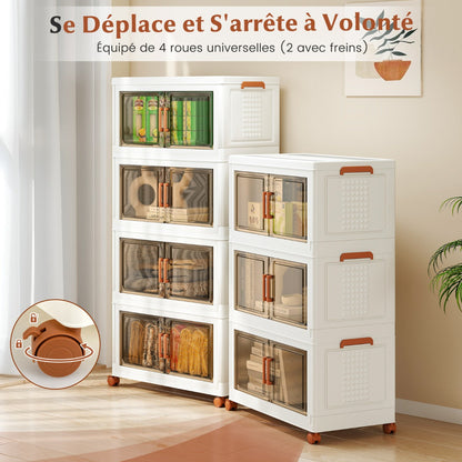 280L Foldable Storage Bins with Lids Set of 4 Stackable Plastic Storage Boxes with Wheels White Storage Containers