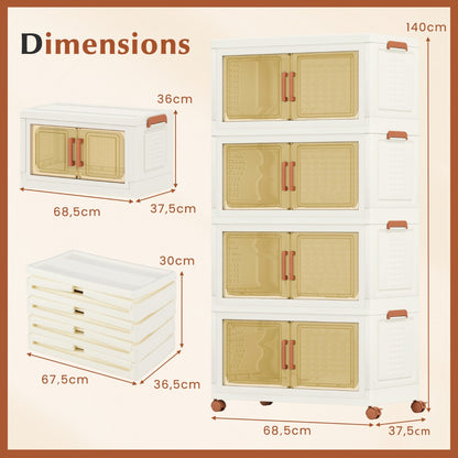 280L Foldable Storage Bins with Lids Set of 4 Stackable Plastic Storage Boxes with Wheels White Storage Containers